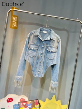 Уличная одежда, Короткое джинсовое пальто со стразами и кисточками для женщин, Осень 2023, Новая Корейская модная Женская джинсовая куртка с длинным рукавом и бриллиантами