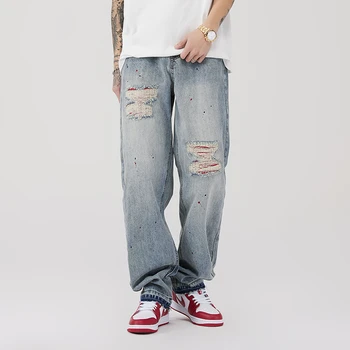 Уличные брюки с прямыми штанинами в американском стиле, забрызганные чернилами, из старых дырок, повседневные джинсовые длинные брюки, мужские высокие уличные брюки