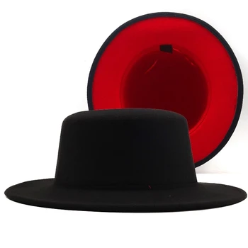 Унисекс Внешние черные Внутренние красные фетровые шляпы из шерстяного фетра в стиле Джаз с тонкой пряжкой на ремне, Мужская Женская панама с широкими полями, кепка-трильби