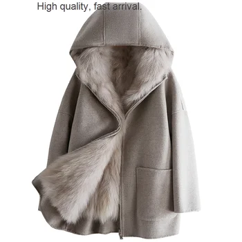 Шерстяное Реверсивное Новое шерстяное пальто, Женская куртка-парка со съемной подкладкой из лисьего меха в корейском стиле с капюшоном