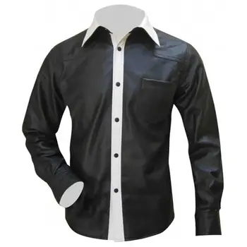 Мужская черно-белая байкерская рубашка из натуральной мягкой овечьей кожи